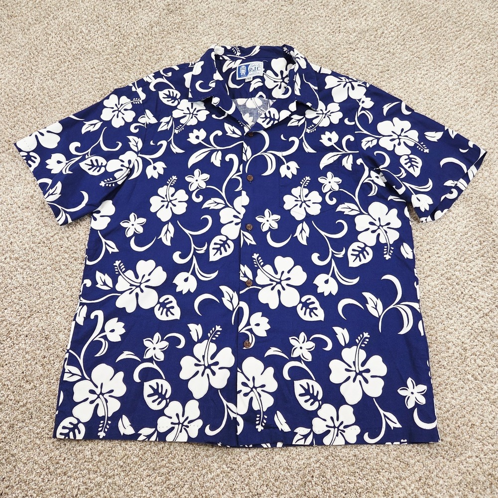 RJC Shirt Men's 2XL Blue Hibiscus Tropical Hawaiian Aloha Button Front Made USA